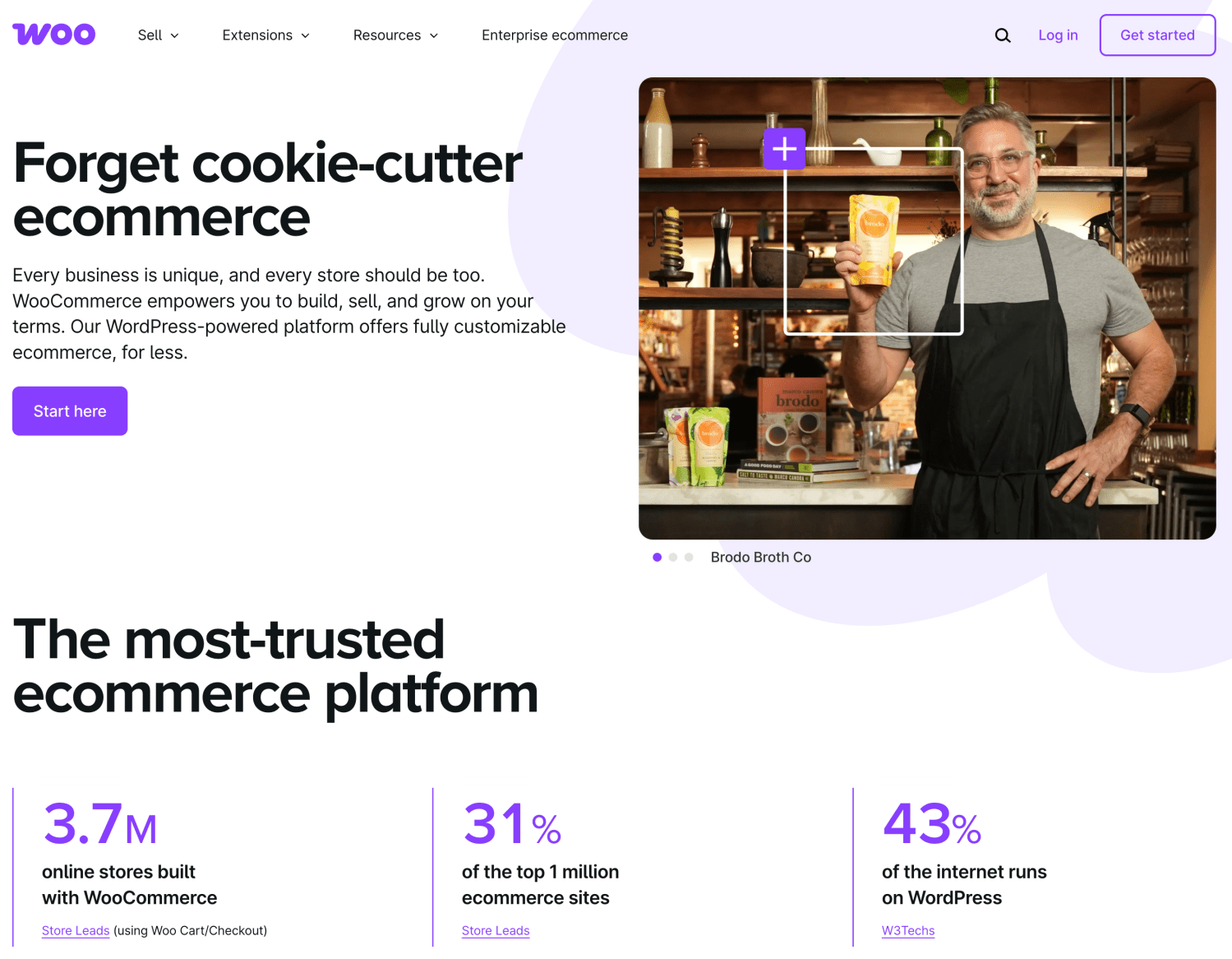 The homepage of woocommerce.com featuring Brodo Broth Co.