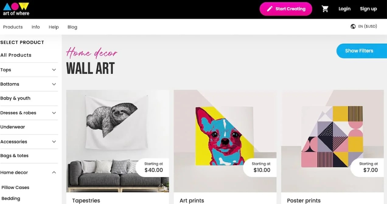 Art of Where home decor product page with various products.