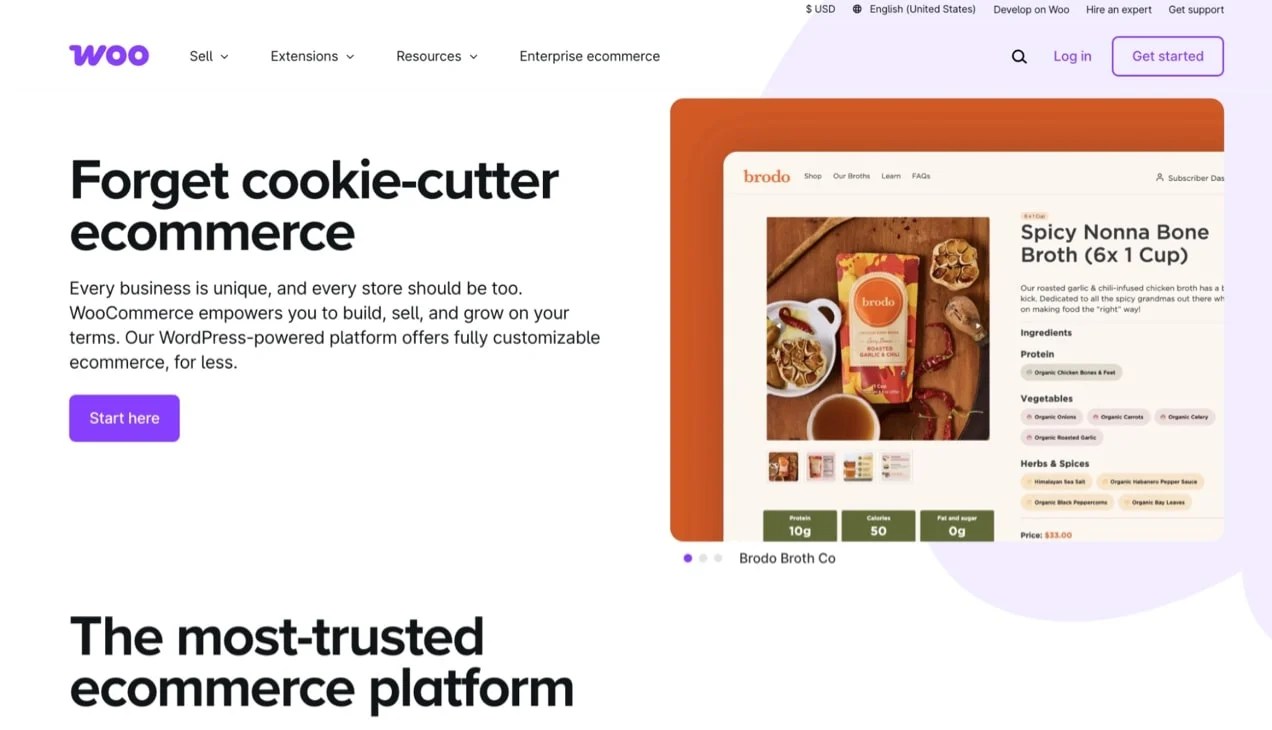 WooCommerce homepage with the text "Forget cookie-cutter ecommerce"