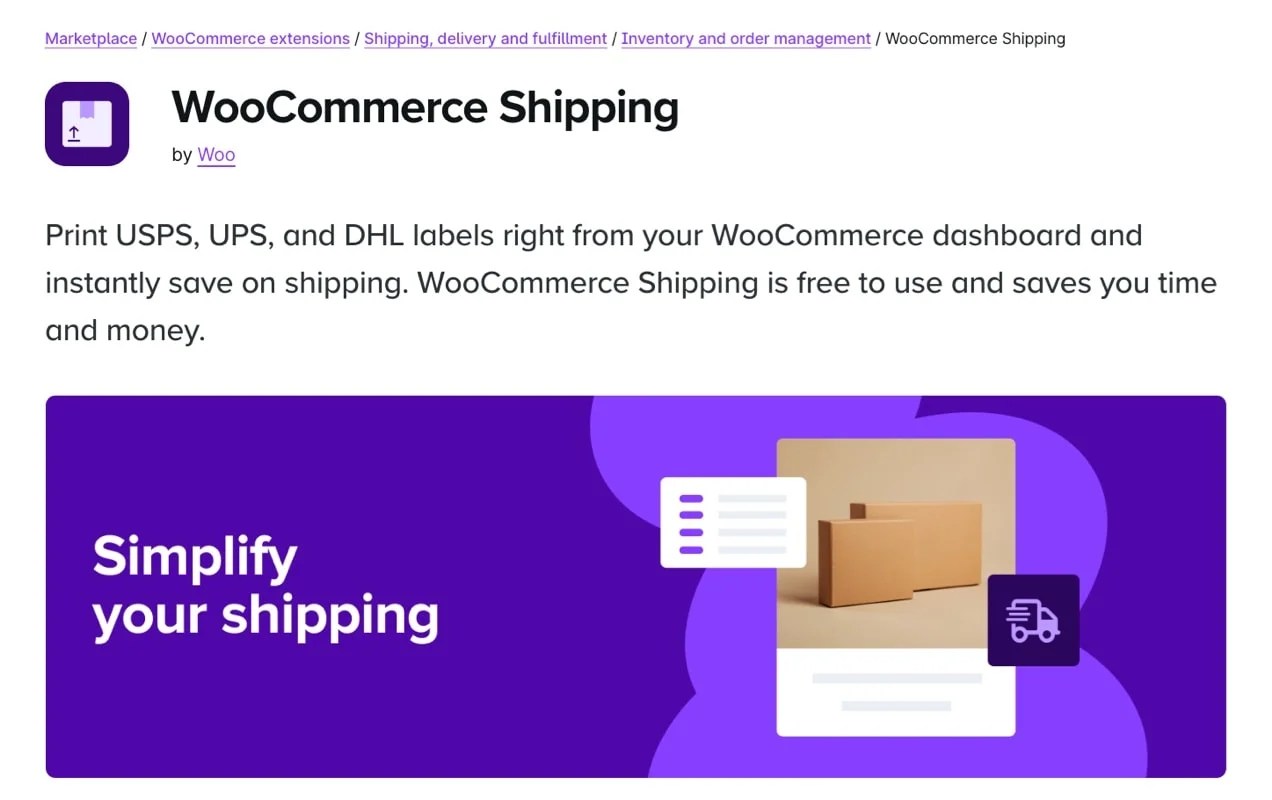 WooCommerce Shipping extension page