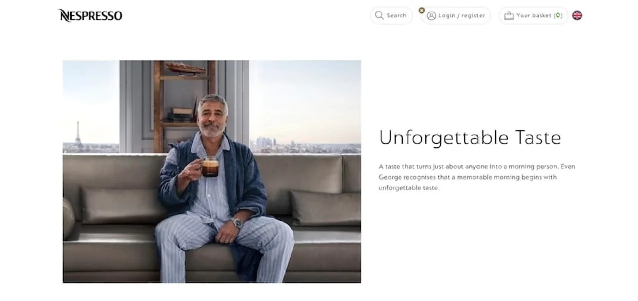 Nespresso homepage with a photo of George Clooney