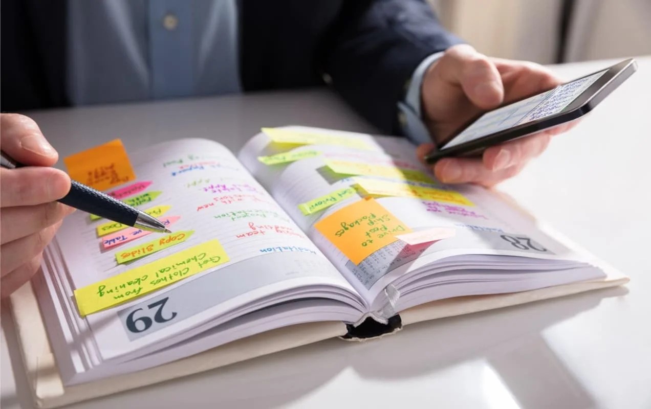 man working on a physical planner and looking at his phone