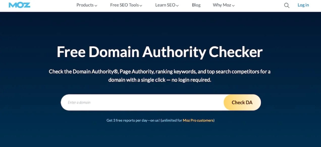 Moz homepage featuring their Domain Authority Checker with a title, paragraph and search function.