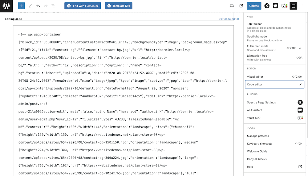 The WordPress Block Editor showing the Code editor tab