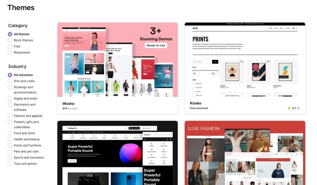 WooCommerce theme marketplace with a grid of themes and filters