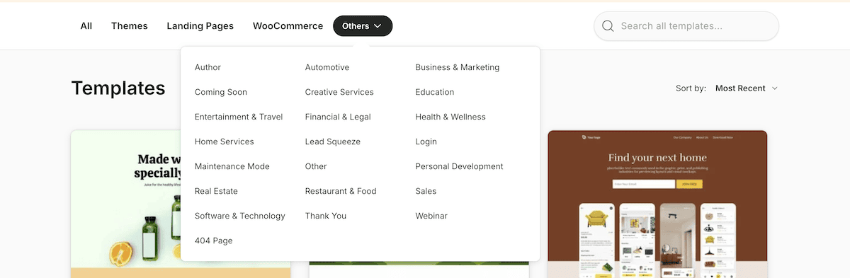 A drop-down menu on the SeedProd website showing a list of niches relating to landing pages.