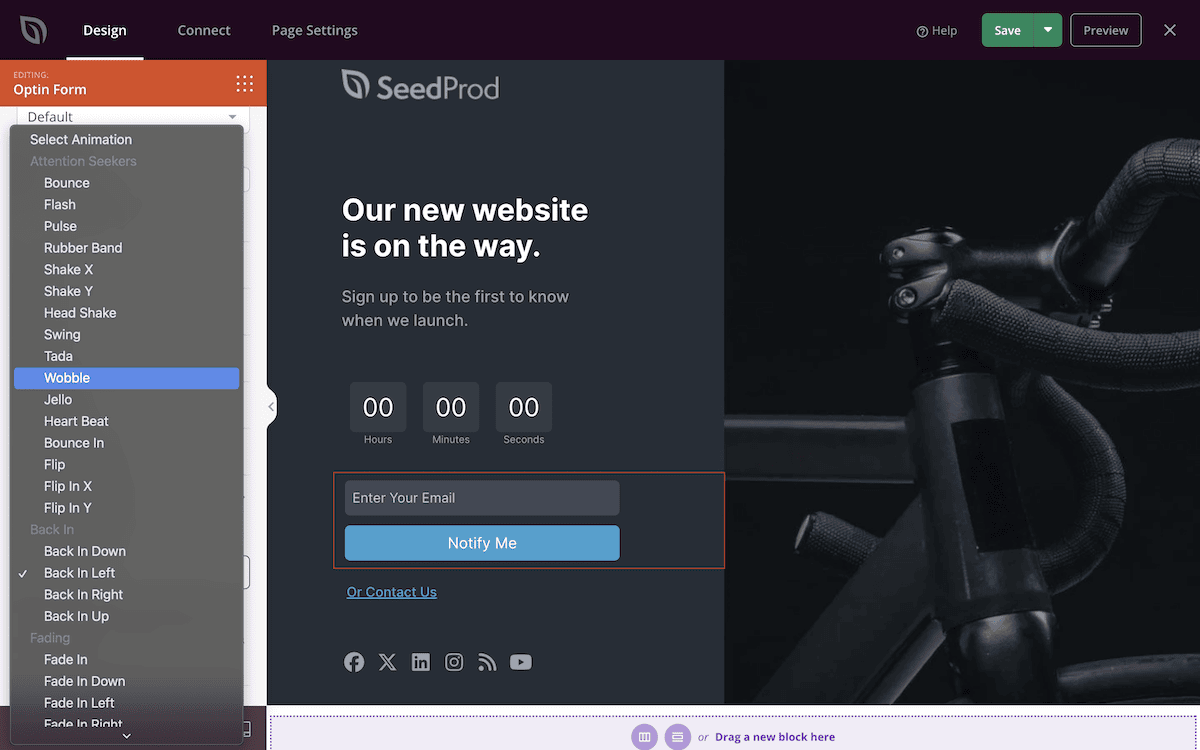 The Entrance Animations drop-down menu within SeedProd.