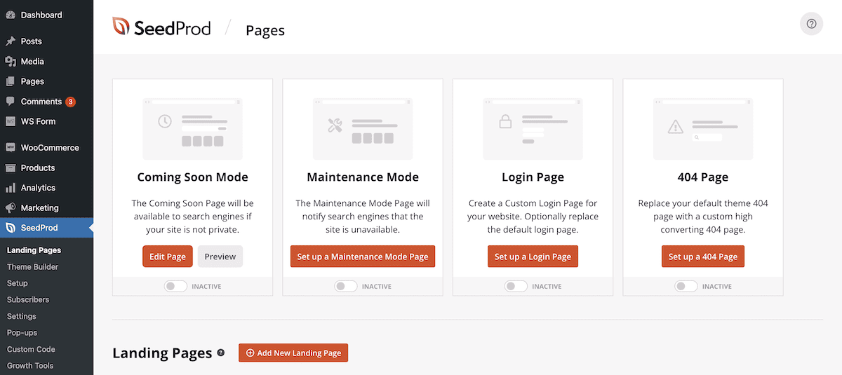 The main SeedProd dashboard.