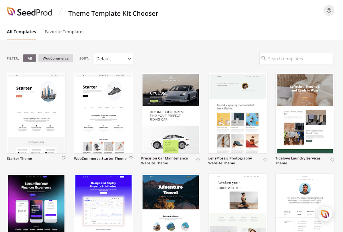 A selection of theme template kits within SeedProd.